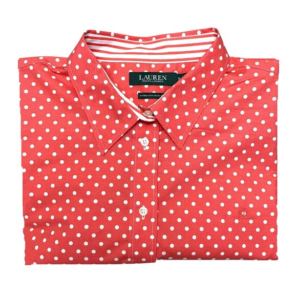 Lauren Ralph Lauren Coral Polka Dot Stretch Non Iron Shirt - Picture 3 of 8